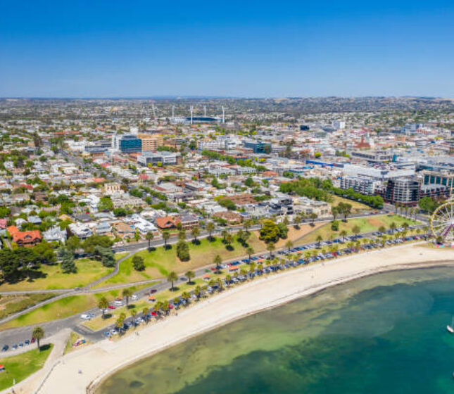 Aerial photo of city centre of Geelong in Victoria, Australia